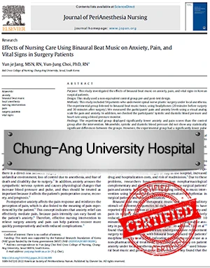Clinically validated at Chung-Ang University Hospital — paper on binaural beat music reducing pain and anxiety