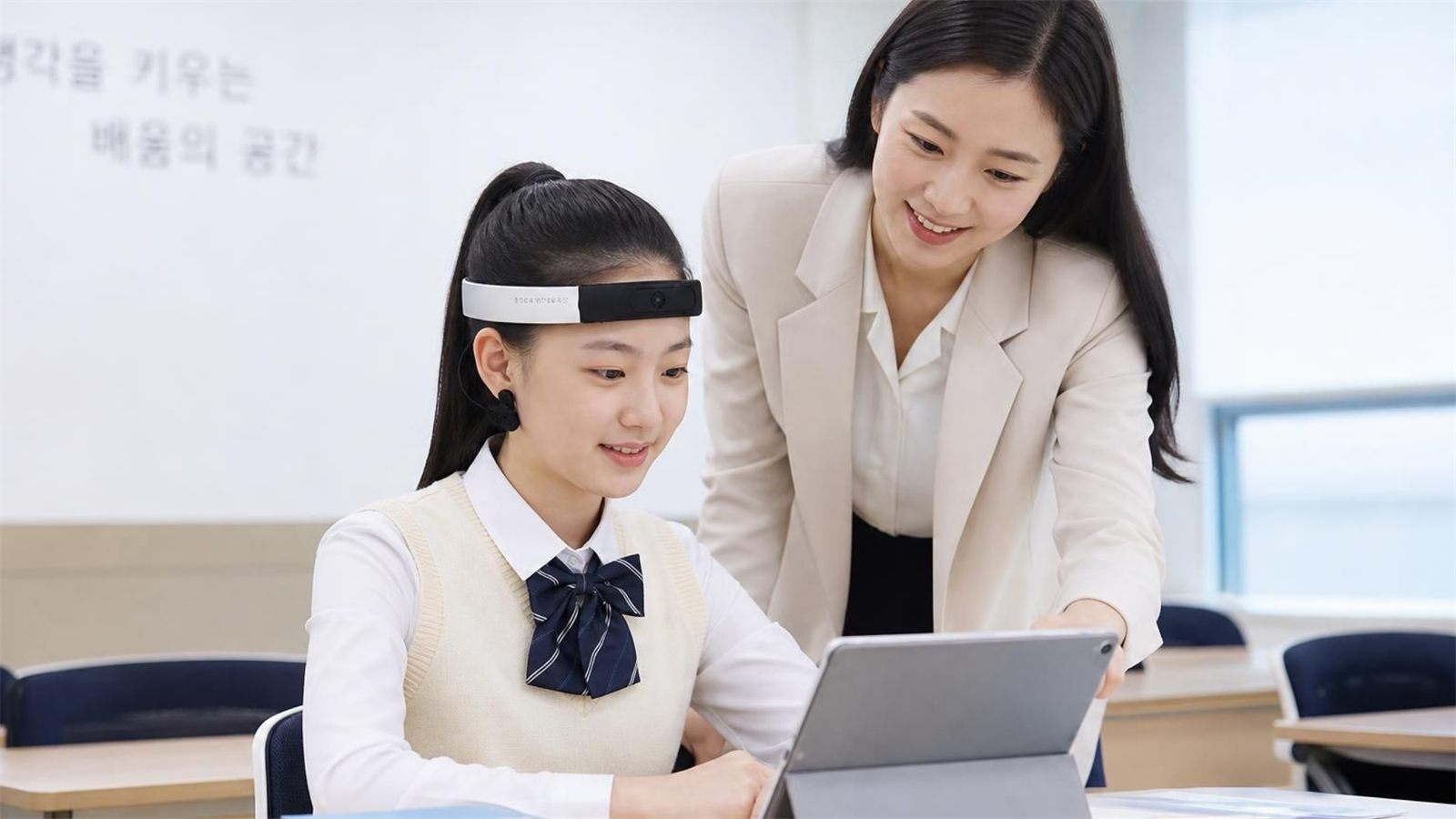 교실에서 학생이 옴니핏 브레인 헤드셋을 착용하고 선생님과 함께 태블릿 훈련 화면을 보는 모습