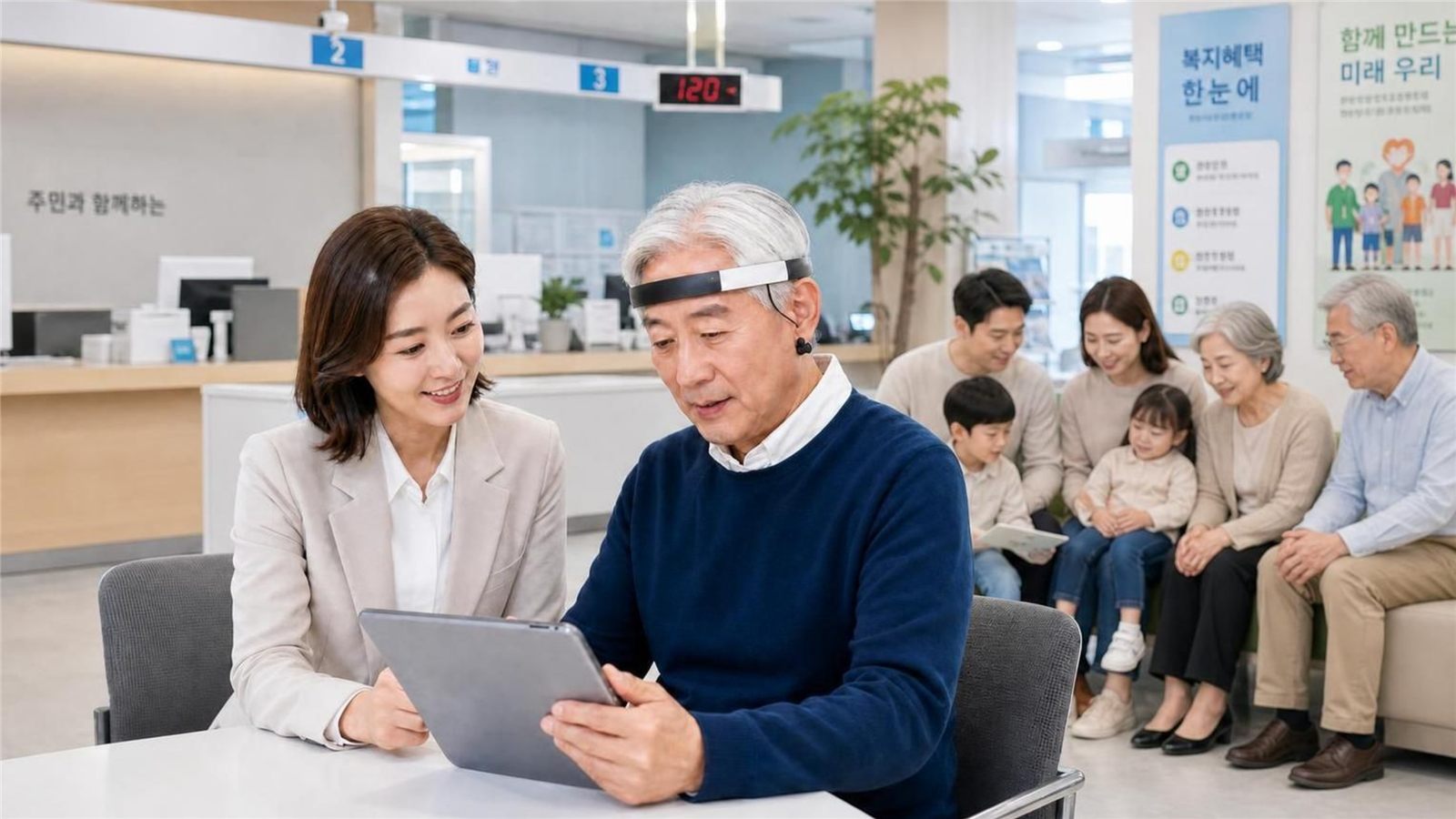 복지센터에서 어르신이 옴니핏 브레인 헤드셋을 착용하고 담당자와 함께 태블릿 측정 화면을 보는 모습